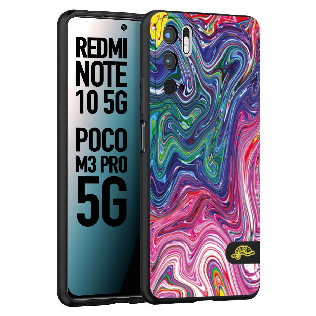 CUSTOMIZZA - Custodia cover nera morbida in tpu compatibile per Xiaomi Redmi Note 10 5G - Poco M3 Pro 5G colorata fantasia vortice marmo arcobaleno rosa blu fucsia