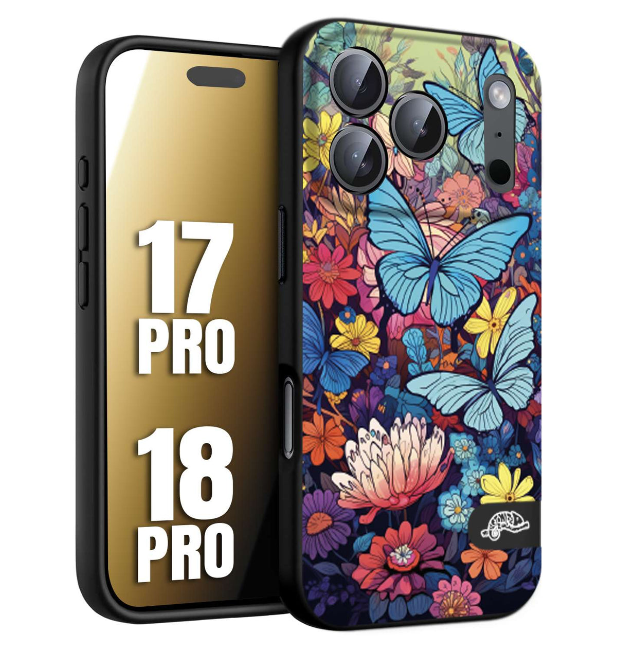 CUSTOMIZZA - Custodia cover nera morbida in tpu compatibile per iPhone 17 PRO - 18 PRO farfalle butterfly moderno donna disegnate gialla blu rosa