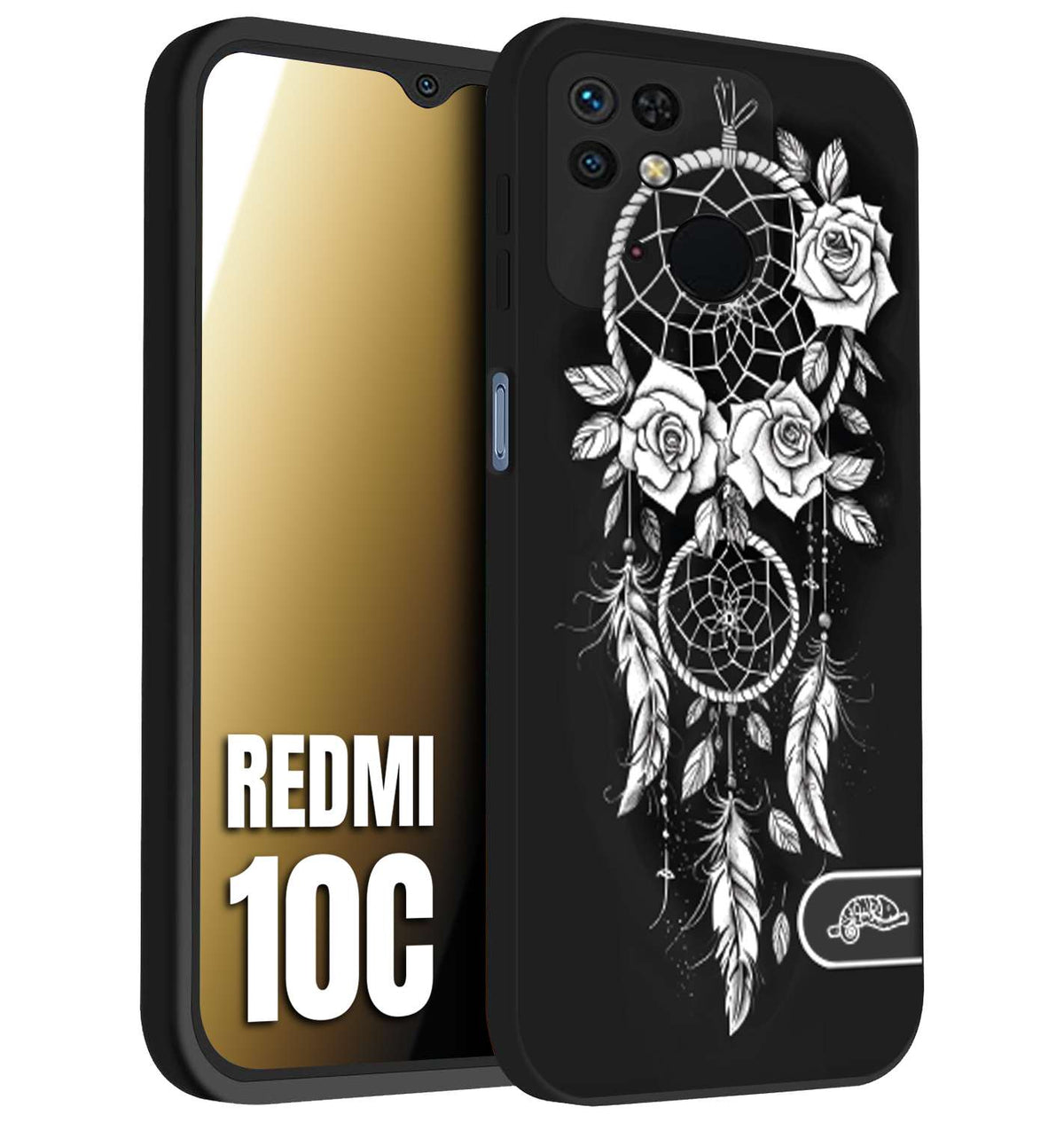 CUSTOMIZZA - Custodia cover nera morbida in tpu compatibile per Xiaomi Redmi 10C acchiappasogni dreamcatcher black and white bianco a rilievo disegnato tattoo tatuaggio