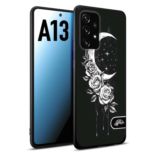 CUSTOMIZZA - Custodia cover nera morbida in tpu compatibile per Samsung A13 luna e fiori moon flowers black and white bianco a rilievo disegnato tattoo tatuaggio