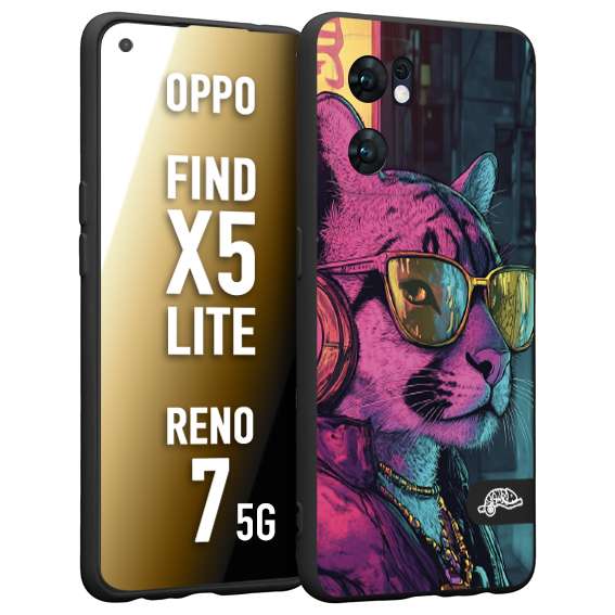 CUSTOMIZZA - Custodia cover nera morbida in tpu compatibile per Oppo Reno 7 - Find X5 LITE animali cyberpunk pantera street cat fucsia blu giallo