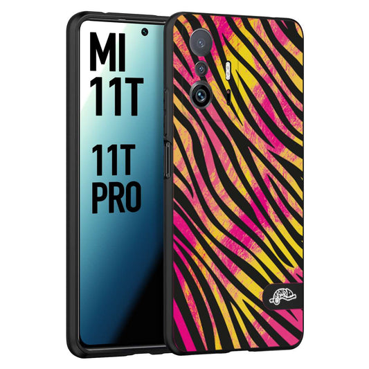 CUSTOMIZZA - Custodia cover nera morbida in tpu compatibile per Xiaomi Mi 11T - Mi 11T PRO zebrata maculata a rilievo soft touch donna fucsia gialla