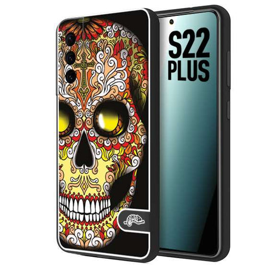 CUSTOMIZZA - Custodia cover nera morbida in tpu compatibile per Samsung S22 PLUS teschio messicano Mexican skull giallo rosso arancio