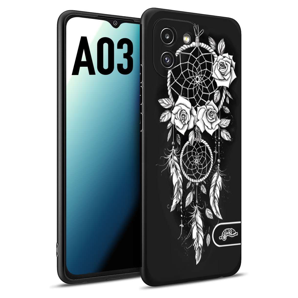 CUSTOMIZZA - Custodia cover nera morbida in tpu compatibile per Samsung A03 acchiappasogni dreamcatcher black and white bianco a rilievo disegnato tattoo tatuaggio