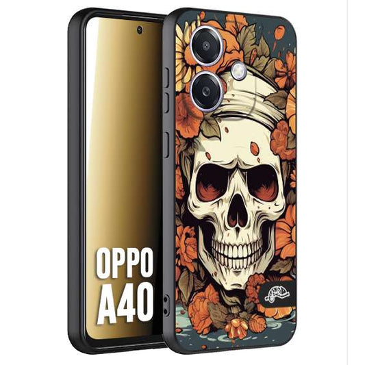 CUSTOMIZZA - Custodia cover nera morbida in tpu compatibile per Oppo A40 teschio skull flowers fiori tattoo disegnato alta definizione