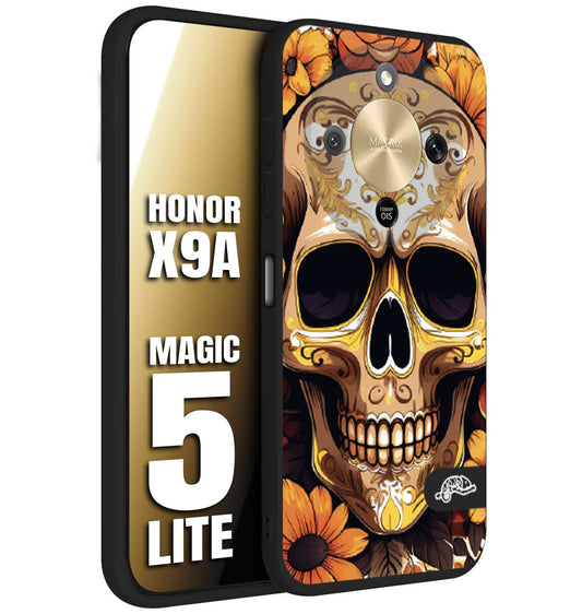 CUSTOMIZZA - Custodia cover nera morbida in tpu compatibile per Honor X9A - Honor Magic 5 Lite teschio messicano colorato dorato fiori tattoo disegnato
