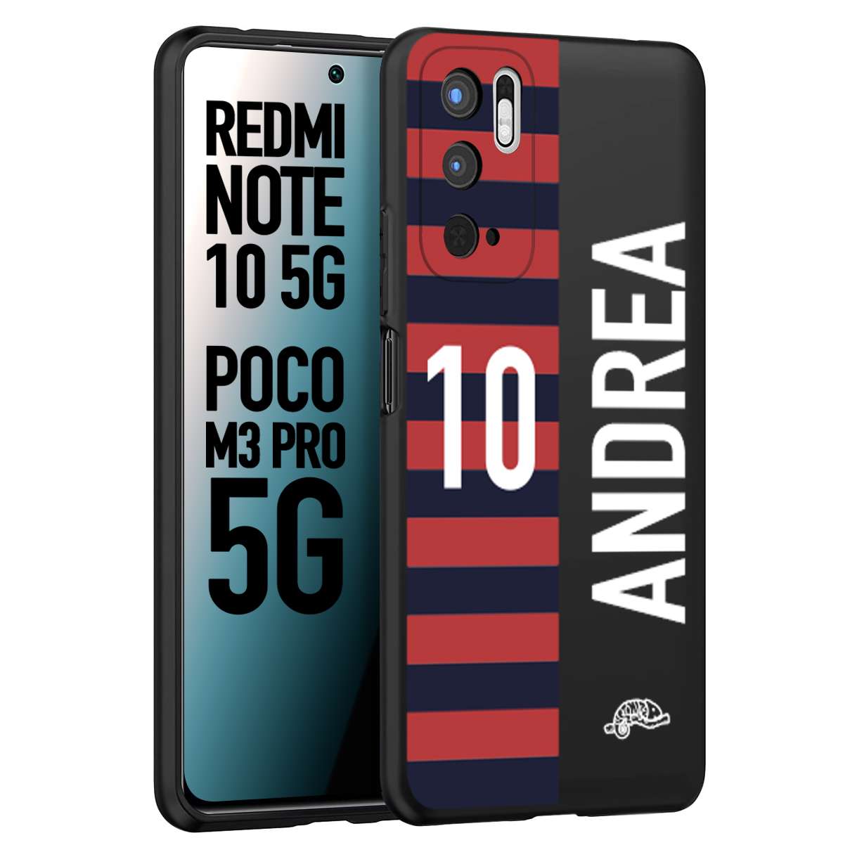 CUSTOMIZZA - Custodia cover nera morbida in tpu compatibile per Xiaomi Redmi Note 10 5G - Poco M3 Pro 5G personalizzata calcio football nome e numero calciatori rossoblu