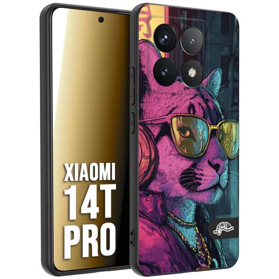 CUSTOMIZZA - Custodia cover nera morbida in tpu compatibile per Xiaomi 14T PRO animali cyberpunk pantera street cat fucsia blu giallo