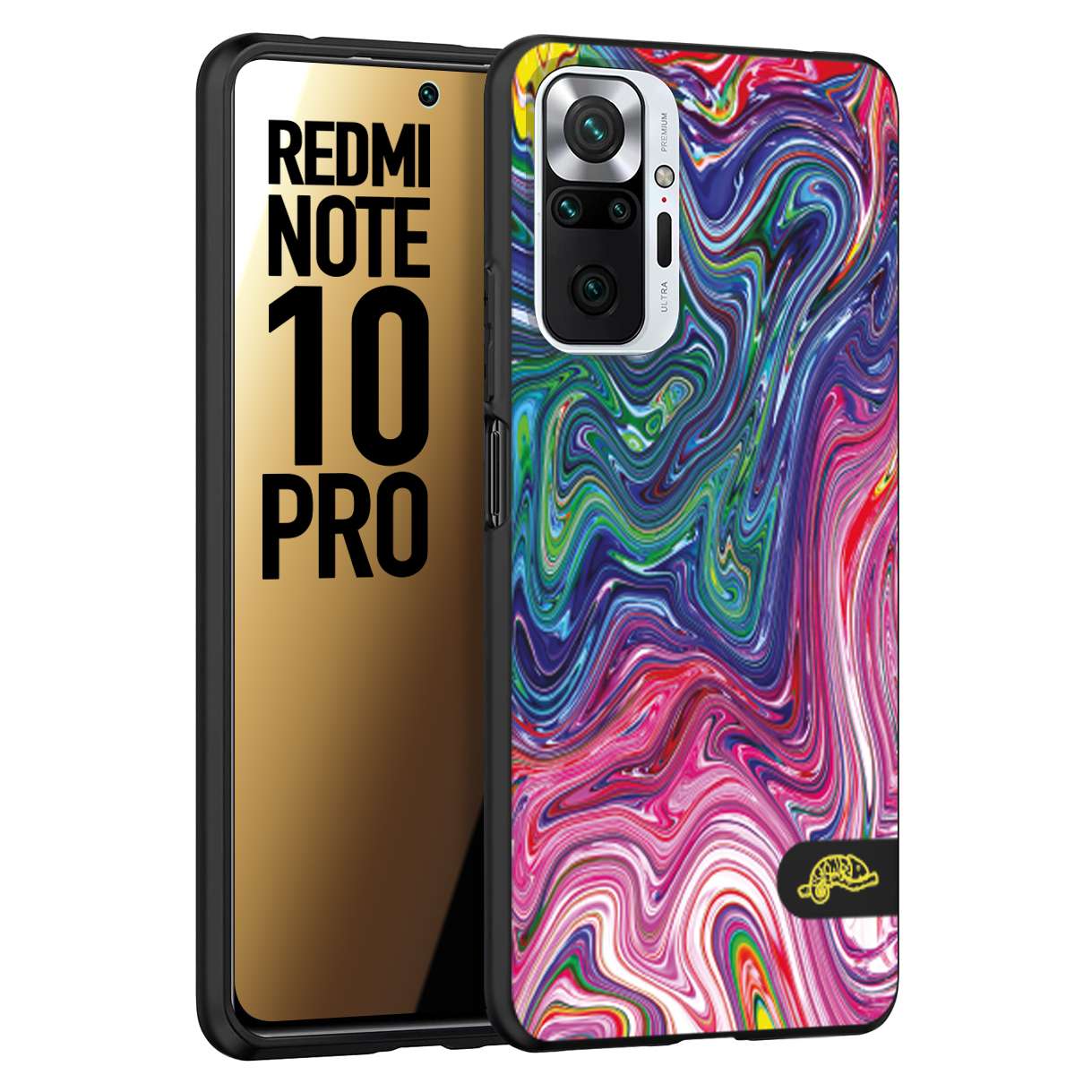 CUSTOMIZZA - Custodia cover nera morbida in tpu compatibile per Xiaomi Redmi Note 10 PRO colorata fantasia vortice marmo arcobaleno rosa blu fucsia