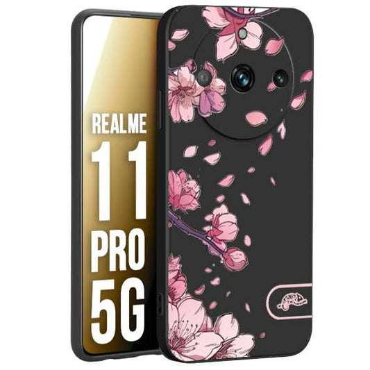 CUSTOMIZZA - Custodia cover nera morbida in tpu compatibile per Oppo Realme 11 PRO 5G giapponese fiori di ciliegio in fiore a rilievo disegnata tattoo