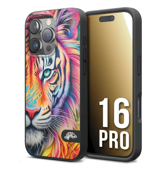 CUSTOMIZZA - Custodia cover nera morbida in tpu compatibile per iPhone 16 PRO animali color tigre tiger viso colori vibranti disegnato schizzo