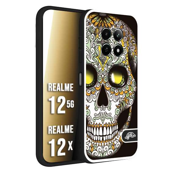 CUSTOMIZZA - Custodia cover nera morbida in tpu compatibile per Realme 12 5G - 12X teschio messicano Mexican skull bianco verde giallo