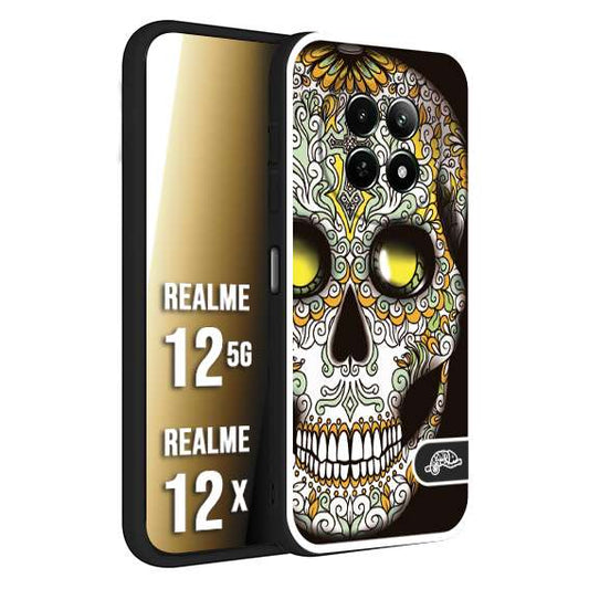 CUSTOMIZZA - Custodia cover nera morbida in tpu compatibile per Realme 12 5G - 12X teschio messicano Mexican skull bianco verde giallo