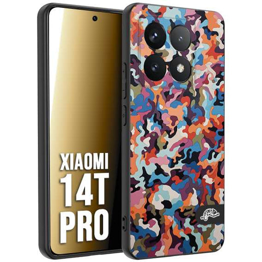 CUSTOMIZZA - Custodia cover nera morbida in tpu compatibile per Xiaomi 14T PRO camouflage mimetico militare moderno blu arancio rosa