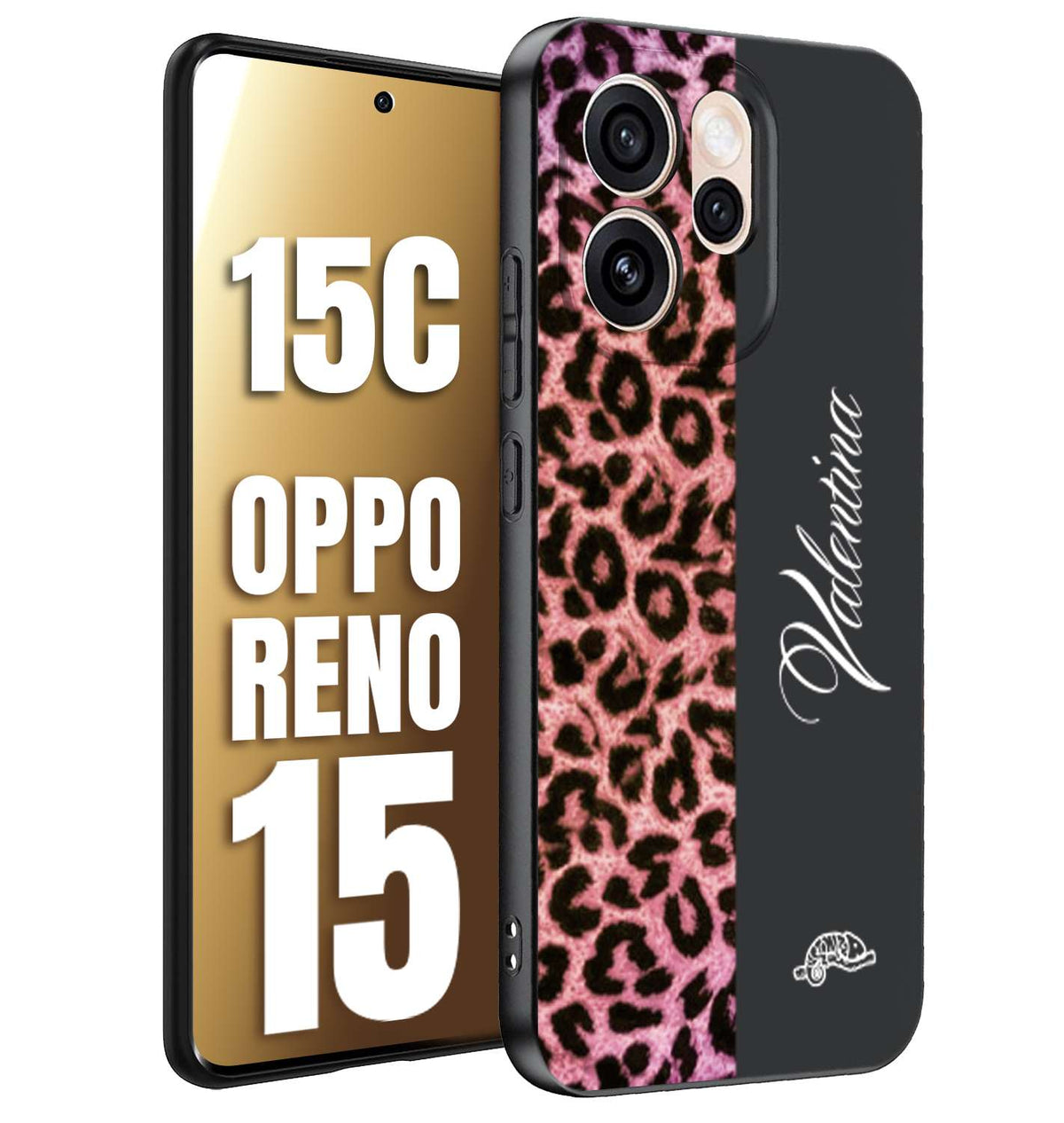 CUSTOMIZZA - Custodia cover nera morbida in tpu compatibile per Oppo Reno 15 - Reno 15Cleopardato rosa fucsia personalizzata nome iniziali
