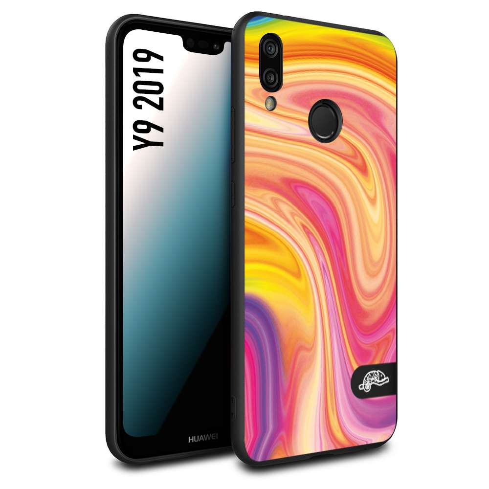 CUSTOMIZZA - Custodia cover nera morbida in tpu compatibile per Huawei Y9 2019 colorata fantasia vortice marmo onde rosa fucsia gialla