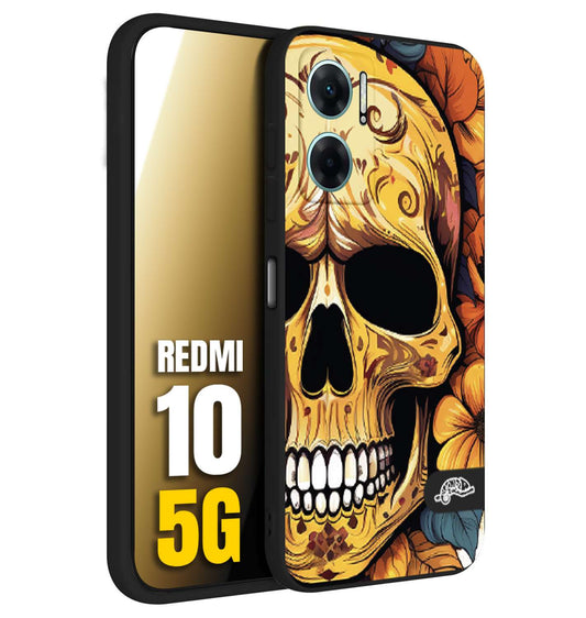 CUSTOMIZZA - Custodia cover nera morbida in tpu compatibile per Xiaomi Redmi 10 5G teschio messicano colorato dorato fiori autunnali disegnato