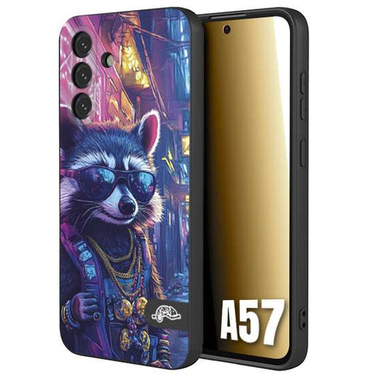 CUSTOMIZZA - Custodia cover nera morbida in tpu compatibile per Samsung A57 animali simpatici cyberpunk procione racoon street cat fucsia blu giallo