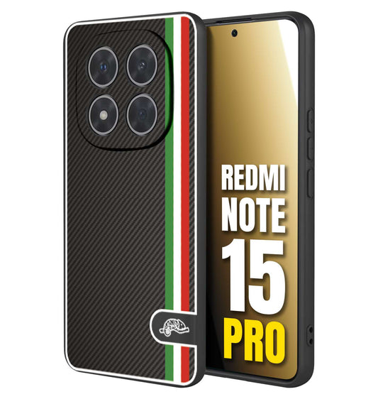 CUSTOMIZZA - Custodia cover nera morbida in tpu compatibile per Xiaomi Redmi Note 15 PRO effetto fibra di carbonio bandiera Italia made in Italy