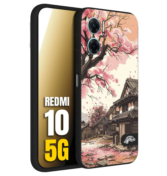 CUSTOMIZZA - Custodia cover nera morbida in tpu compatibile per Xiaomi Redmi 10 5G casa giapponese rosa ciliegio in fiore disegnata tattoo