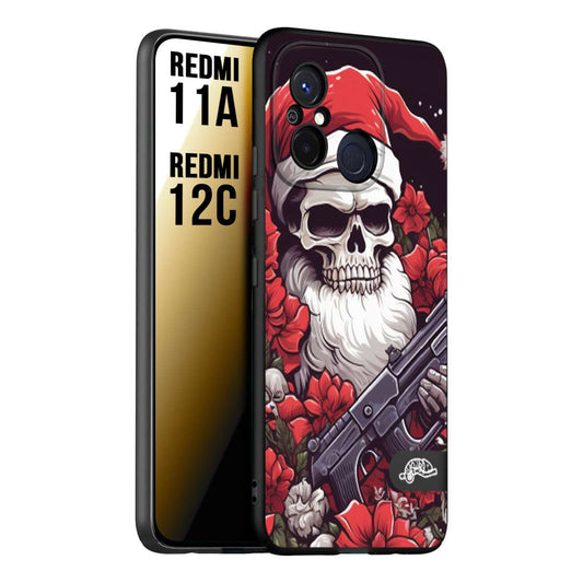 CUSTOMIZZA - Custodia cover nera morbida in tpu compatibile per Xiaomi Redmi 11A - 12C teschio natale santa claus fiori tattoo disegnato