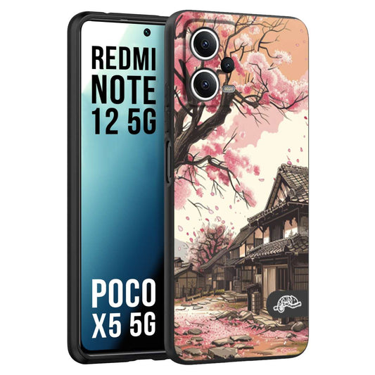 CUSTOMIZZA - Custodia cover nera morbida in tpu compatibile per Xiaomi Redmi Note 12 5G - POCO X5 5G casa giapponese rosa ciliegio in fiore disegnata tattoo