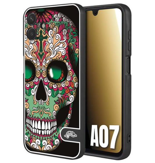 CUSTOMIZZA - Custodia cover nera morbida in tpu compatibile per Samsung A07 teschio messicano Mexican skull verde fucsia