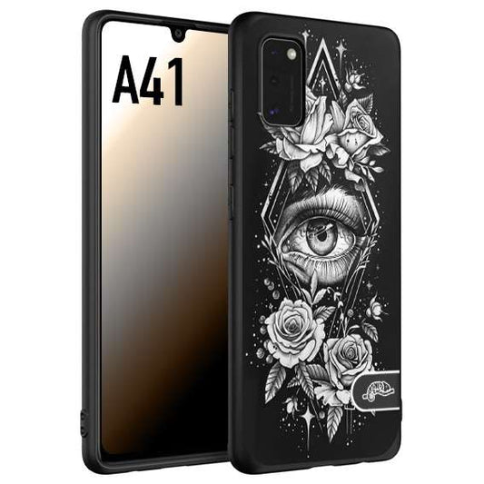 CUSTOMIZZA - Custodia cover nera morbida in tpu compatibile per Samsung A41 occhio fiori rombo geometrico black and white bianco a rilievo disegnato tattoo tatuaggio