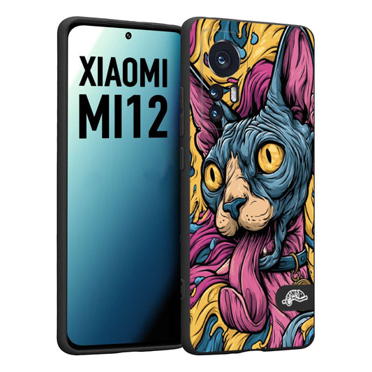 CUSTOMIZZA - Custodia cover nera morbida in tpu compatibile per Xiaomi 12 5G Sphynx Colorato Pop Art Psichedelico Gatto Blu Rosa Giallo Artistica Fantasy