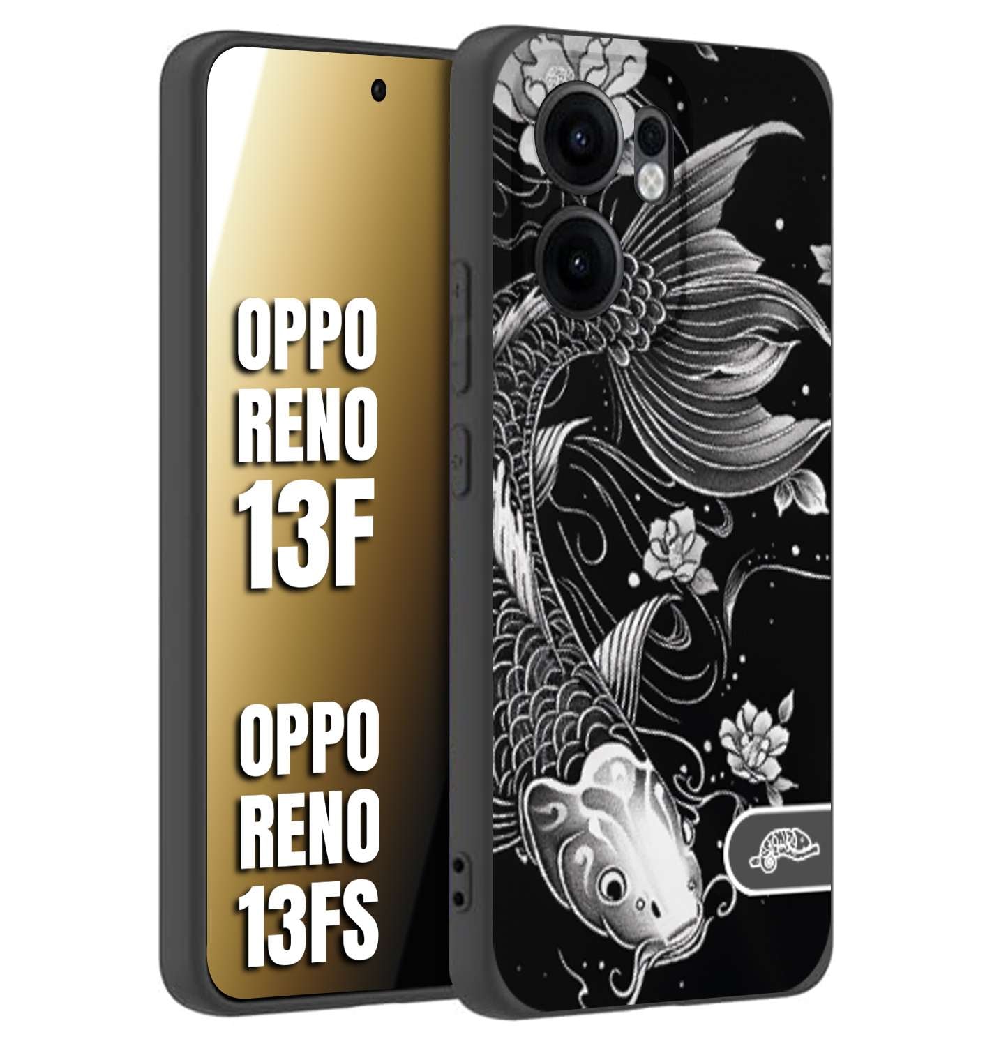 CUSTOMIZZA - Custodia cover nera morbida in tpu compatibile per Oppo Reno 13 F carpa koi black and white bianco a rilievo disegnato tattoo tatuaggio