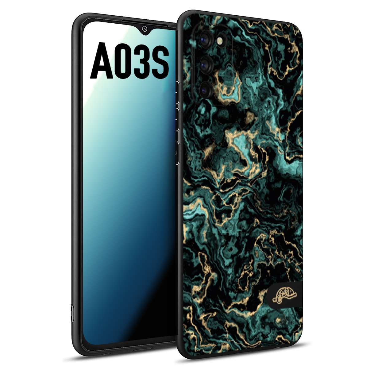 CUSTOMIZZA - Custodia cover nera morbida in tpu compatibile per Samsung A03S effetto marmo marble verde green venature dorato pietra