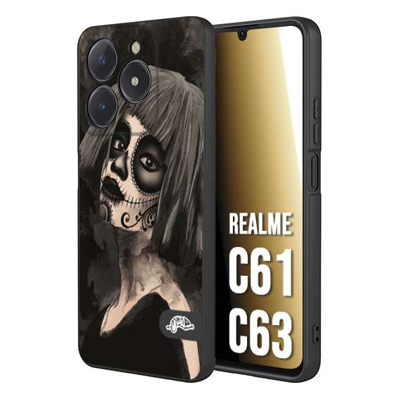 CUSTOMIZZA - Custodia cover nera morbida in tpu compatibile per Realme C61 - C63 chicana messicana dea de la muerte donna santa tattoo disegnata