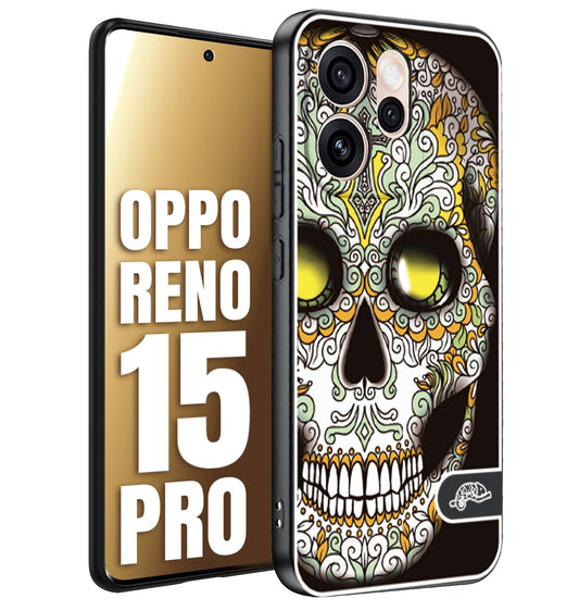 CUSTOMIZZA - Custodia cover nera morbida in tpu compatibile per Oppo Reno 15 PRO teschio messicano Mexican skull bianco verde giallo