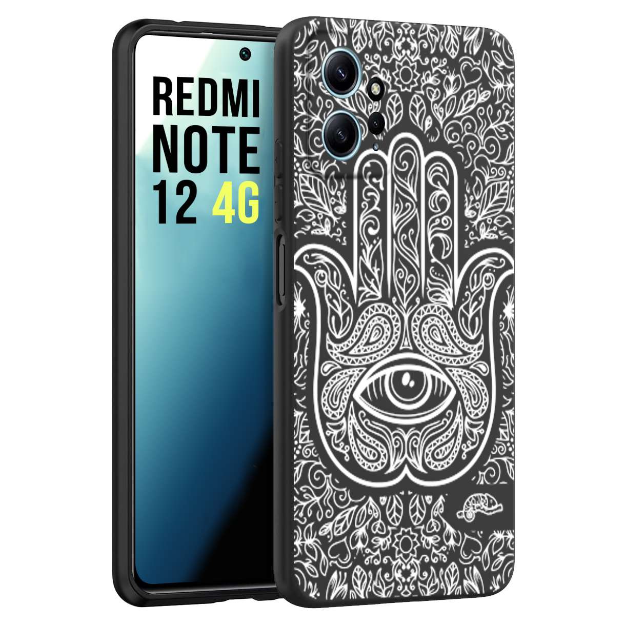 CUSTOMIZZA - Custodia cover nera morbida in tpu compatibile per Xiaomi Redmi Note 12 4G mano di fatima effetto rilievo mandala donna