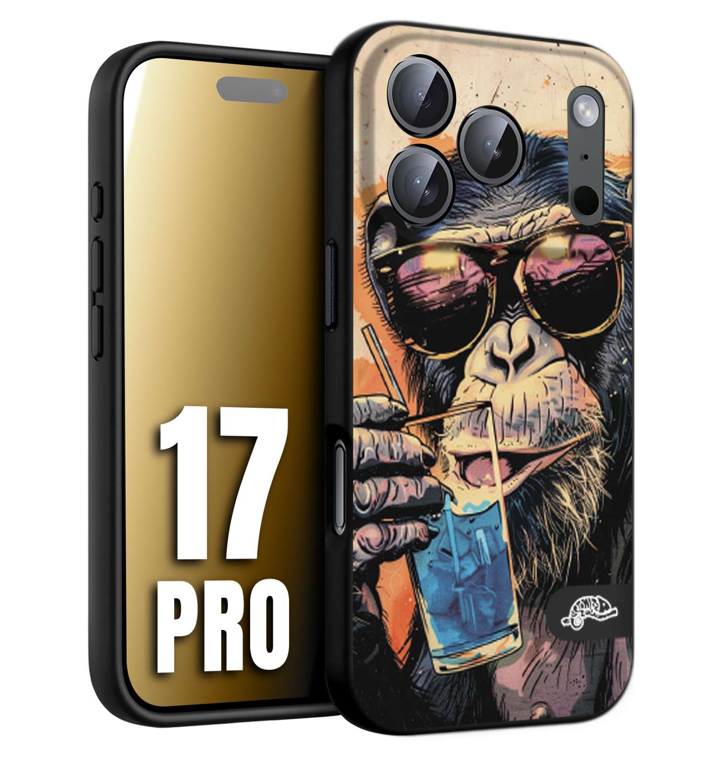 CUSTOMIZZA - Custodia cover nera morbida in tpu compatibile per iPhone 17 PRO estate disegnata cocktails animali simpatici scimmia monkey negroni