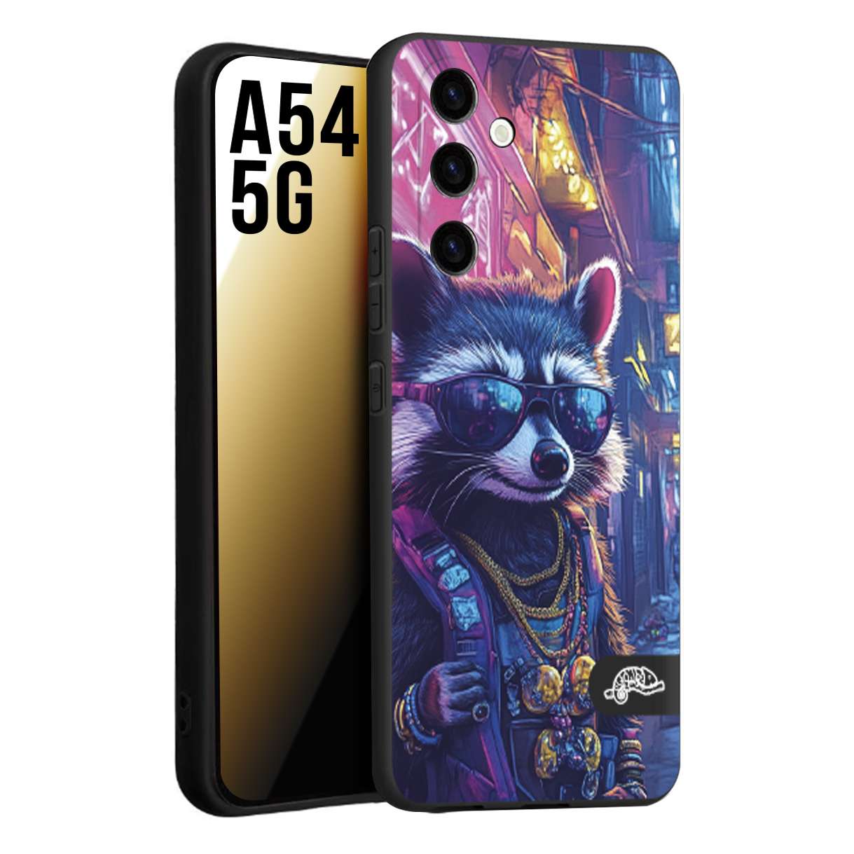 CUSTOMIZZA - Custodia cover nera morbida in tpu compatibile per Samsung A54 5G animali simpatici cyberpunk procione racoon street cat fucsia blu giallo