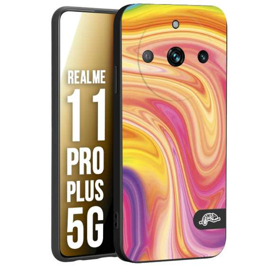 CUSTOMIZZA - Custodia cover nera morbida in tpu compatibile per Realme 11 PRO PLUS 5G colorata fantasia vortice marmo onde rosa fucsia gialla