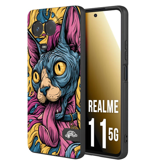 CUSTOMIZZA - Custodia cover nera morbida in tpu compatibile per Realme 11 5G Sphynx Colorato Pop Art Psichedelico Gatto Blu Rosa Giallo Artistica Fantasy