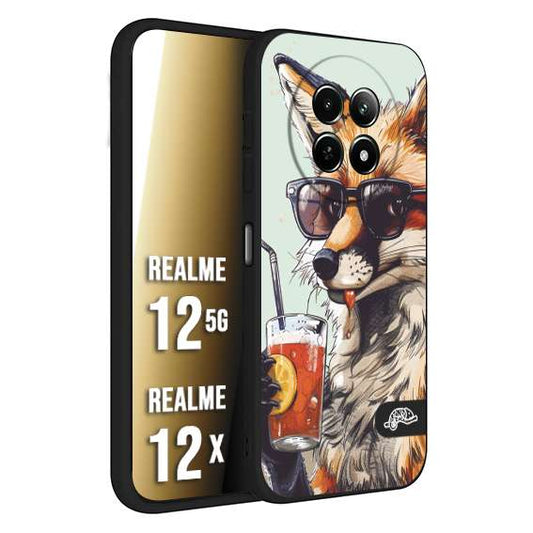 CUSTOMIZZA - Custodia cover nera morbida in tpu compatibile per Realme 12 5G - 12X estate disegnata cocktails animali simpatici fox volpe negroni