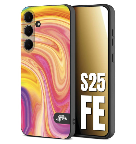 CUSTOMIZZA - Custodia cover nera morbida in tpu compatibile per Samsung S25 FE colorata fantasia vortice marmo onde rosa fucsia gialla