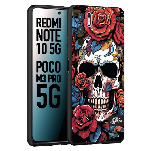 CUSTOMIZZA - Custodia cover nera morbida in tpu compatibile per Xiaomi Redmi Note 10 5G - Poco M3 Pro 5G teschio skull flowers fiori rose rosse tattoo disegnato
