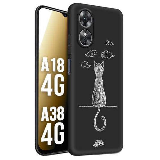 CUSTOMIZZA - Custodia cover nera morbida in tpu compatibile per Oppo A18 4G - A38 4G gatto mandala stilizzato gattino a rilievo soft touch donna bianca