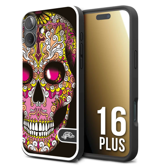 CUSTOMIZZA - Custodia cover nera morbida in tpu compatibile per iPhone 16 PLUS teschio messicano Mexican skull rosa gialla