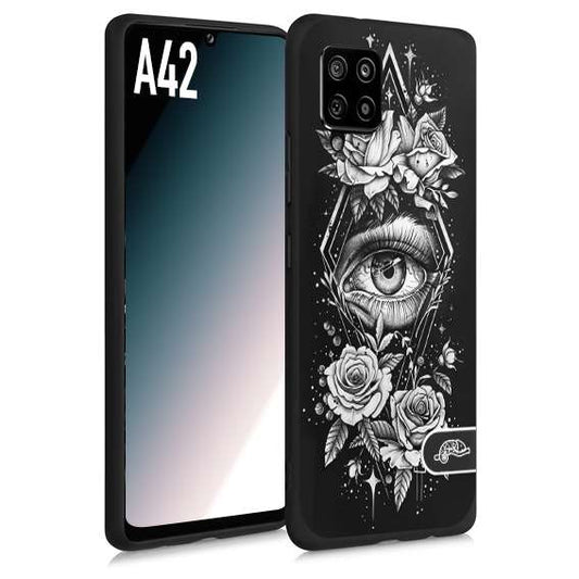 CUSTOMIZZA - Custodia cover nera morbida in tpu compatibile per Samsung A42 occhio fiori rombo geometrico black and white bianco a rilievo disegnato tattoo tatuaggio