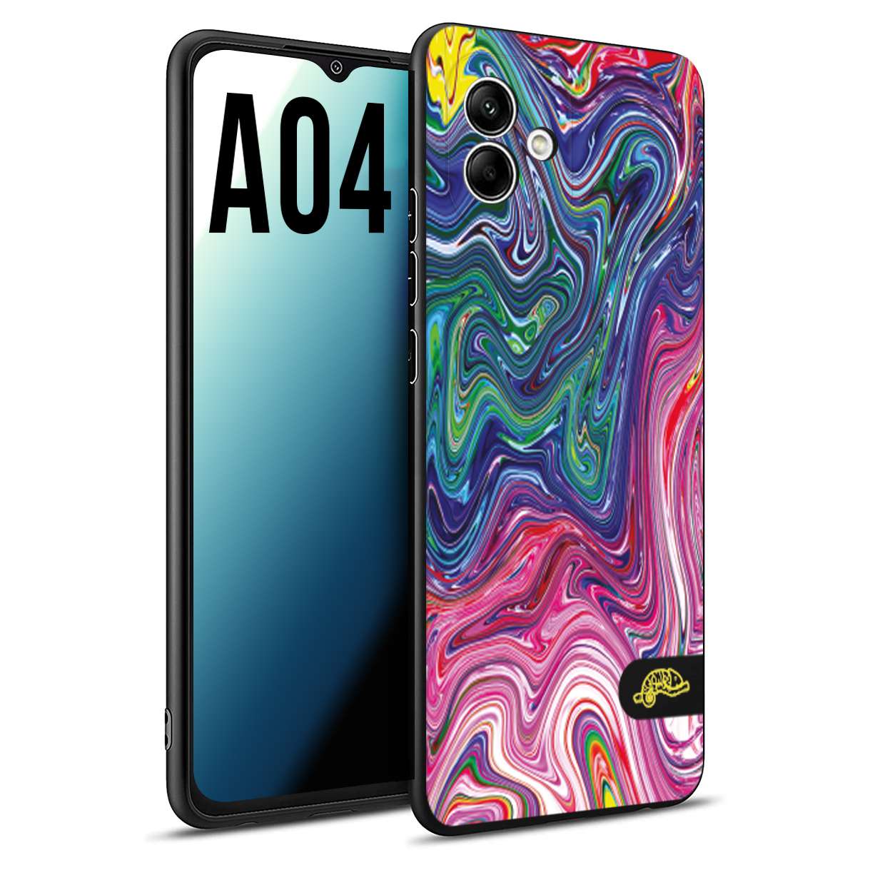 CUSTOMIZZA - Custodia cover nera morbida in tpu compatibile per Samsung A04 colorata fantasia vortice marmo arcobaleno rosa blu fucsia