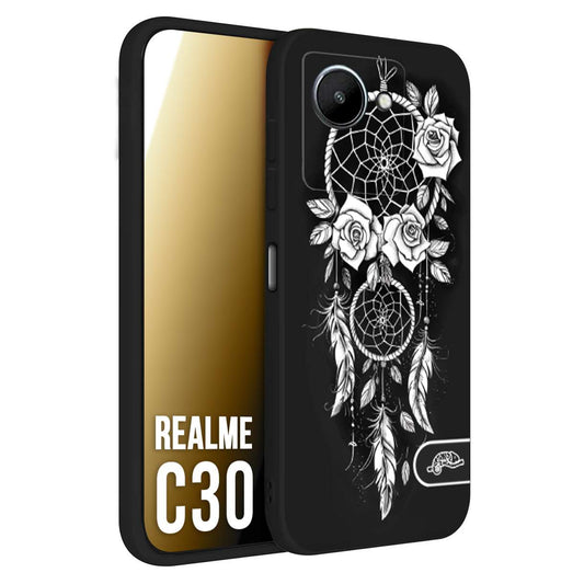 CUSTOMIZZA - Custodia cover nera morbida in tpu compatibile per Realme C30 acchiappasogni dreamcatcher black and white bianco a rilievo disegnato tattoo tatuaggio