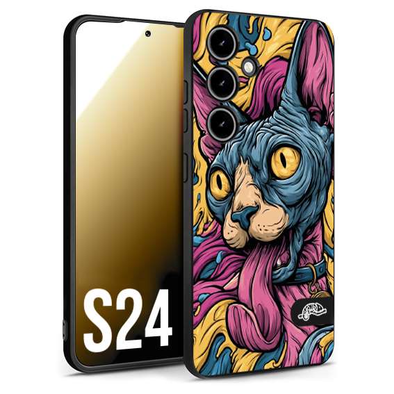 CUSTOMIZZA - Custodia cover nera morbida in tpu compatibile per Samsung S24 Sphynx Colorato Pop Art Psichedelico Gatto Blu Rosa Giallo Artistica Fantasy
