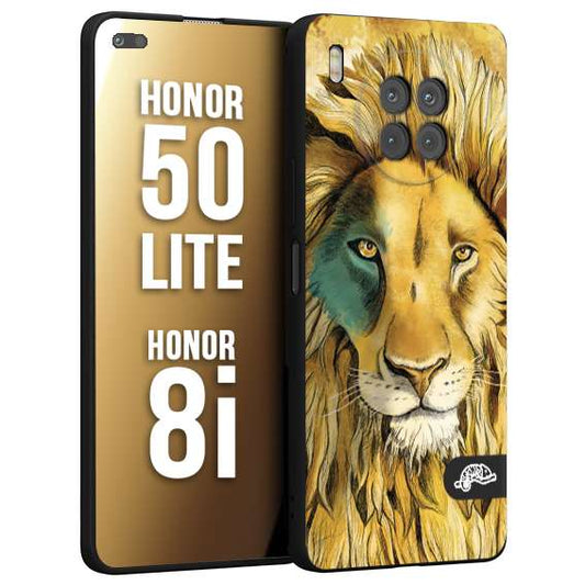 CUSTOMIZZA - Custodia cover nera morbida in tpu compatibile per Honor 8i - Honor 50 LITE leone lion disegnato a mano giallo blu a rilievo artistico brown
