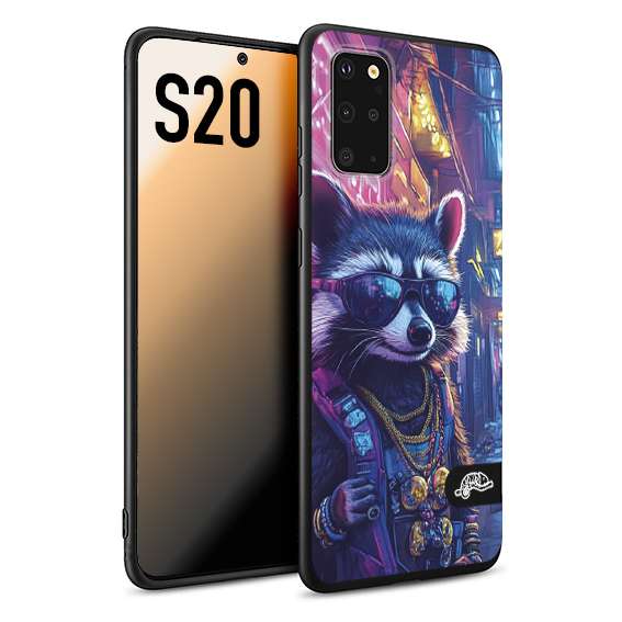 CUSTOMIZZA - Custodia cover nera morbida in tpu compatibile per Samsung S20 animali simpatici cyberpunk procione racoon street cat fucsia blu giallo