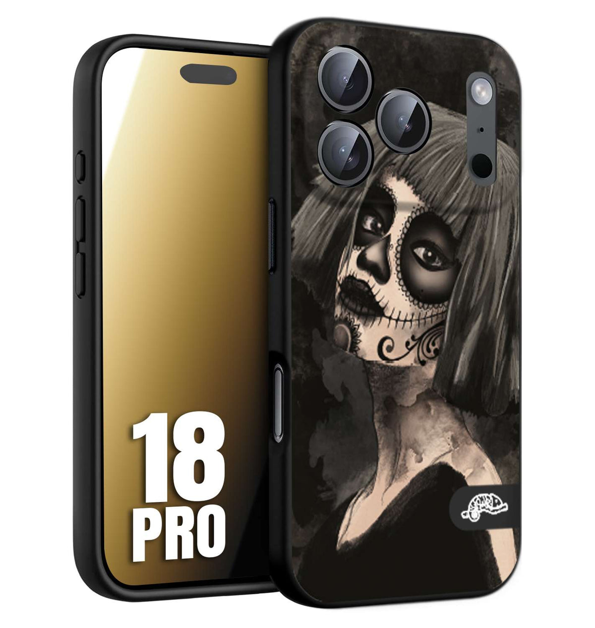 CUSTOMIZZA - Custodia cover nera morbida in tpu compatibile per iPhone 18 PRO chicana messicana dea de la muerte donna santa tattoo disegnata